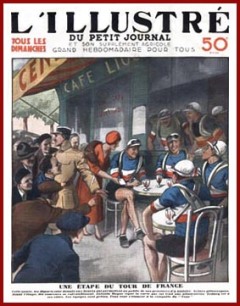 Cyclists, among which Antonin Magne (1904-1983) and Andre Leducq (1904-1980), relaxing around a drink during a stage of the Tour de France, Frontpage of French newspaper  Lillustre du petit journal, 1933, Private Collection,